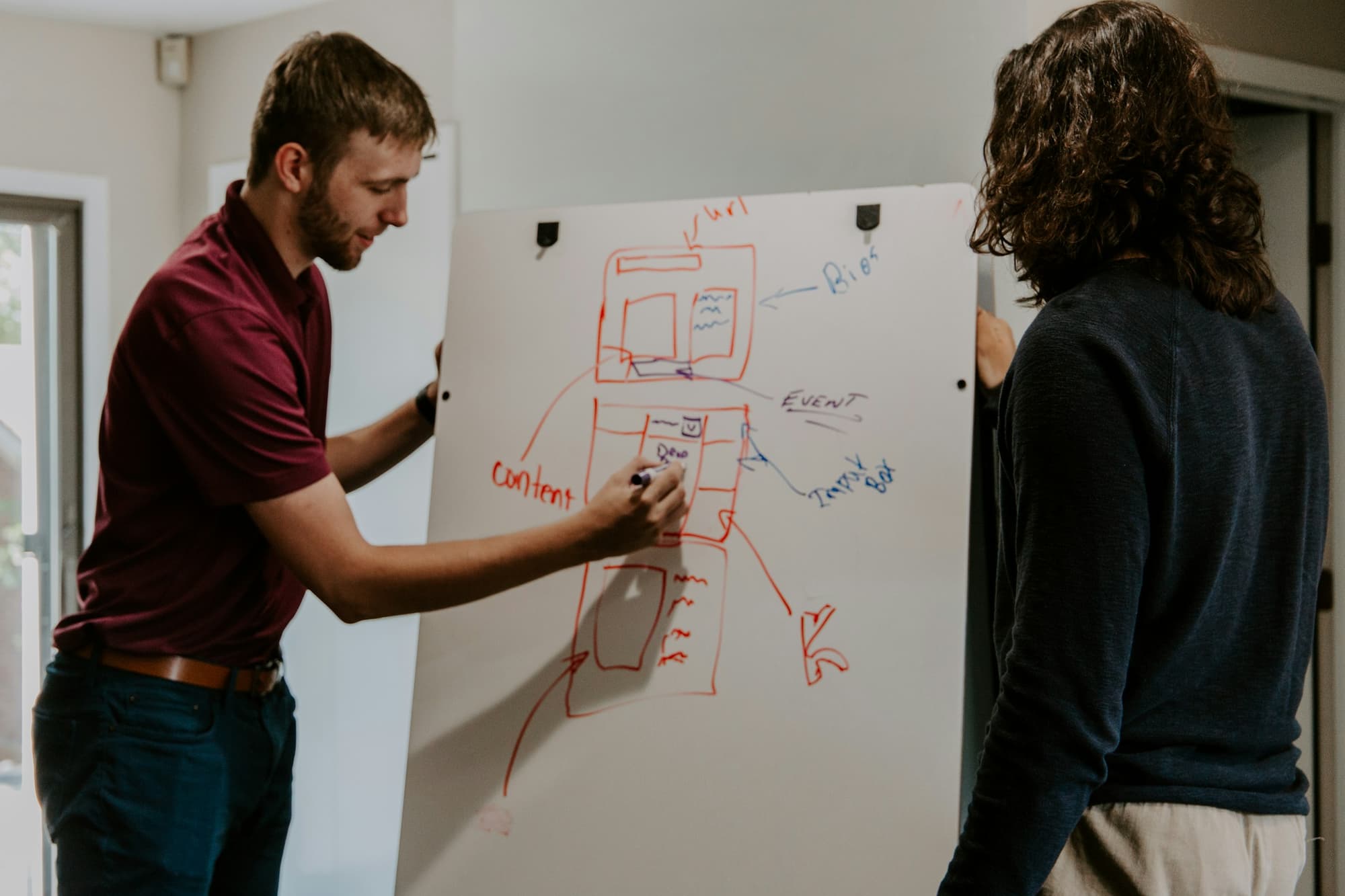 Mann zeichnet ein Schema an ein Whiteboard