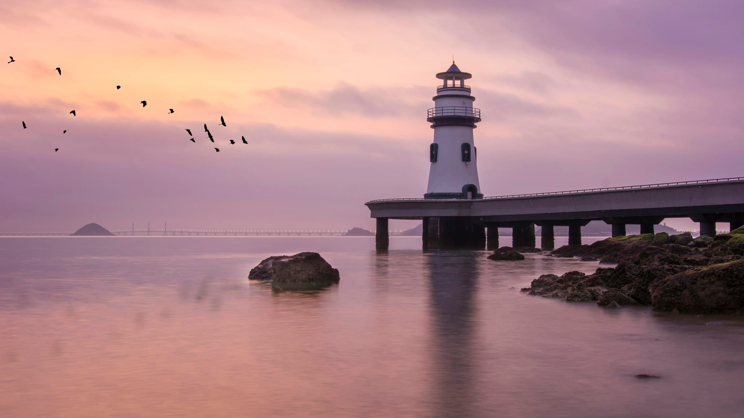 Leuchtturm am Wasser im Abendrot, darüber ein Vogelschwarm
